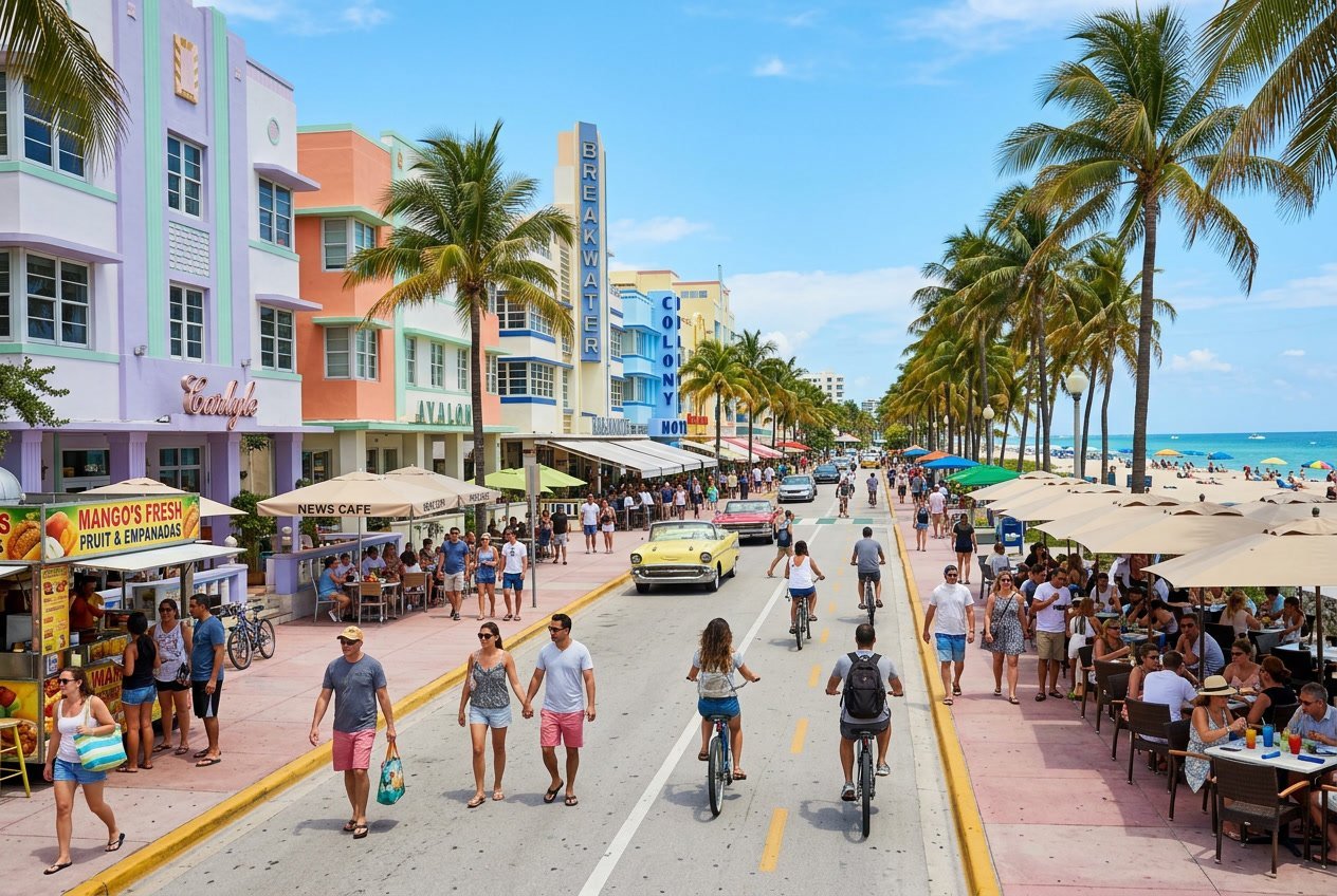 A sunny Miami Beach street with colorful buildings, palm trees, people walking and dining outdoors, and the ocean in the background.