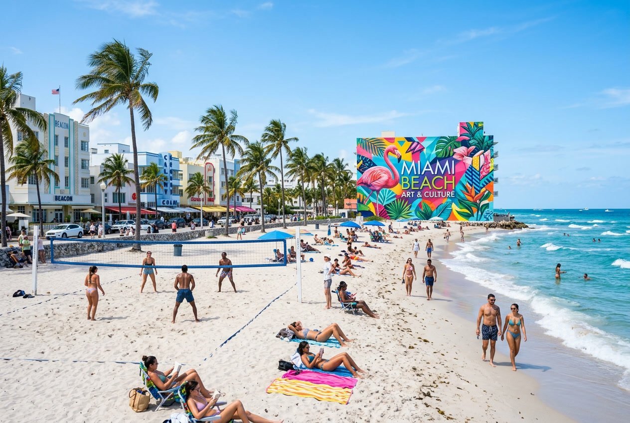 Sunny Miami Beach with people enjoying the sand, ocean, palm trees, and colorful street art murals near iconic buildings.