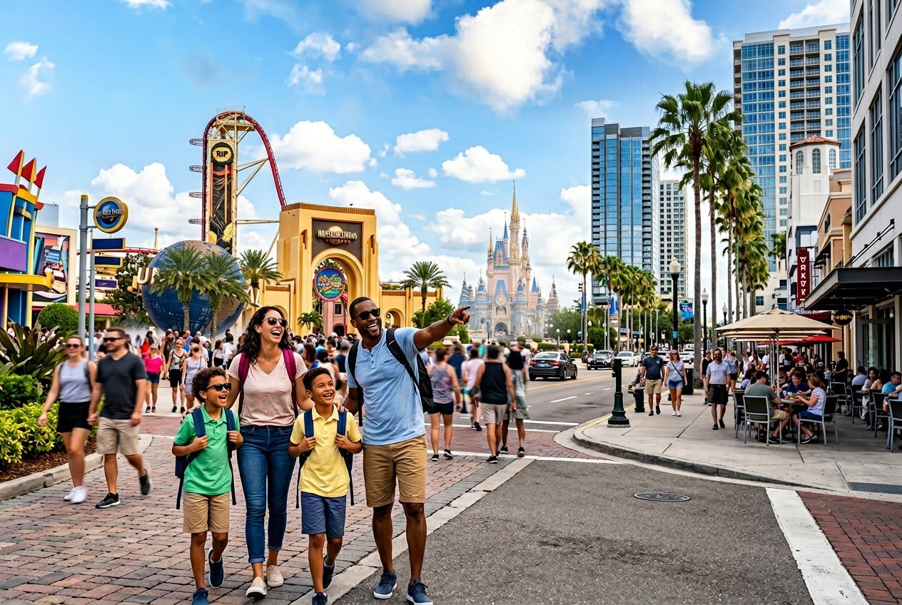 A lively scene showing people enjoying Universal Studios, Downtown Orlando streets with palm trees and shops, and Disney World's Cinderella Castle in the distance on a sunny day.