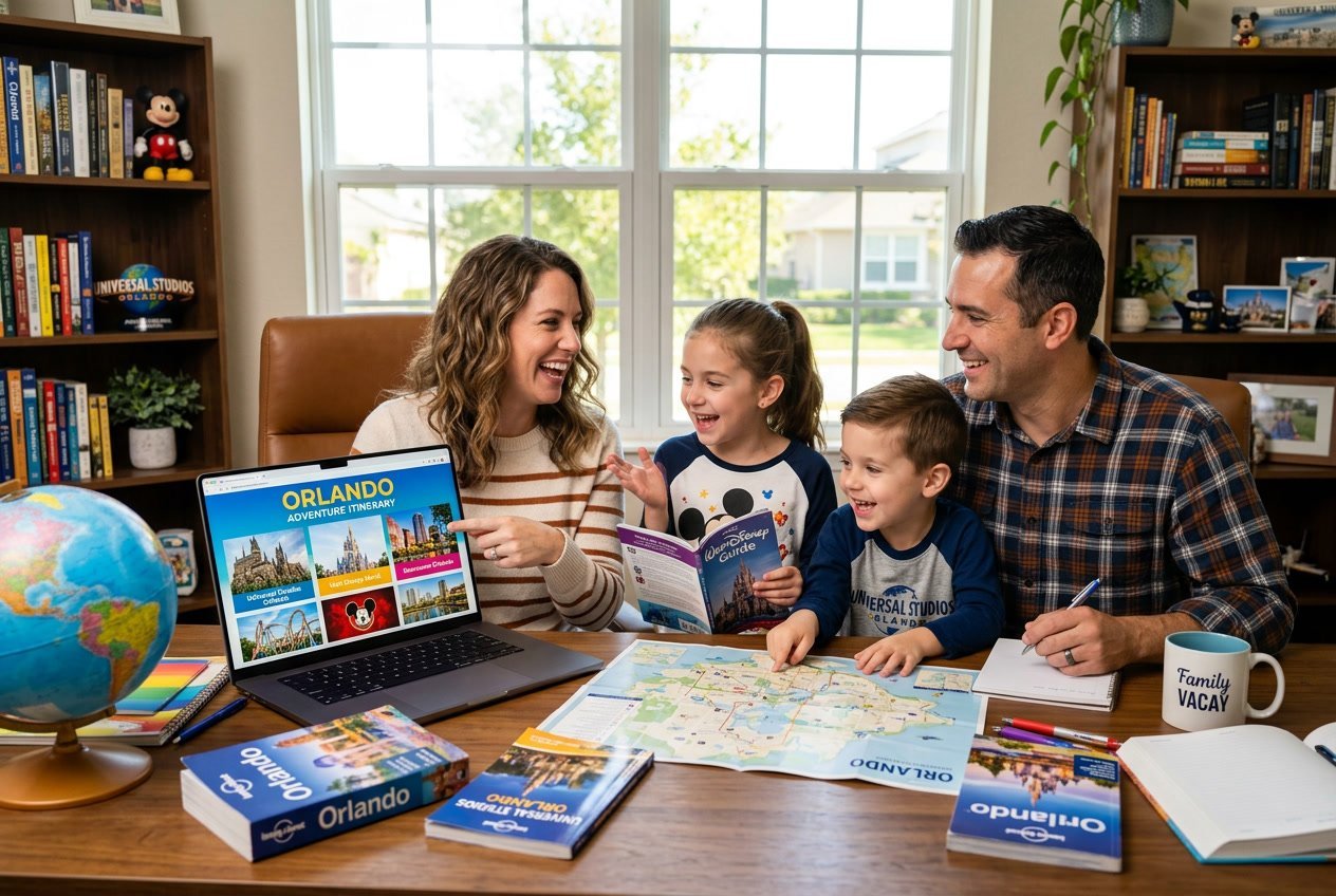 A family planning their Orlando trip together at a home office with a laptop, maps, and travel guides.
