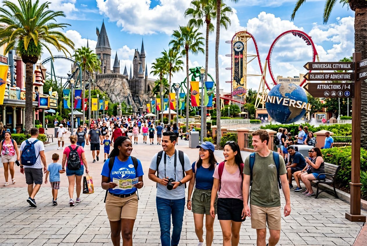 Tourists walking through Universal Studios Orlando theme park on a sunny day with rides and greenery in the background.