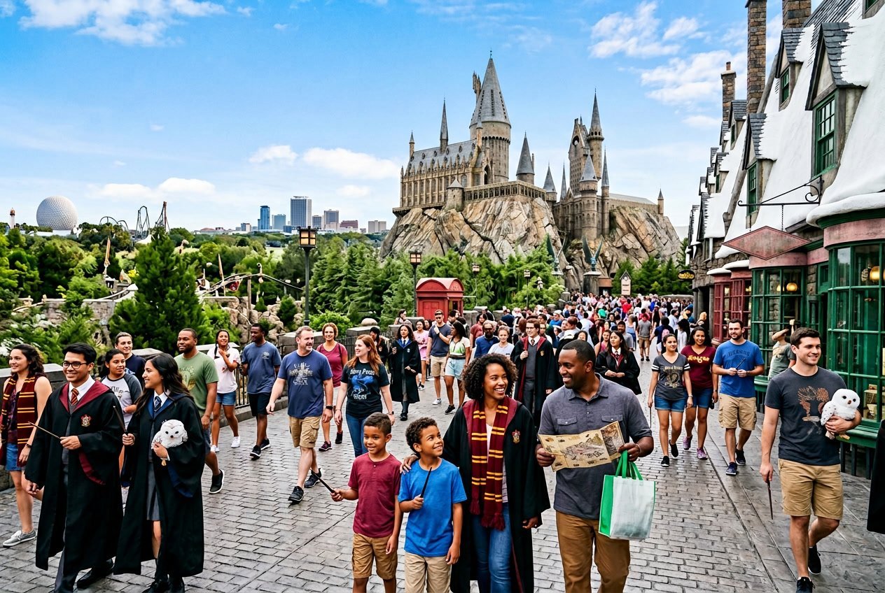Visitors enjoying the Wizarding World of Harry Potter at Universal Studios Orlando with Hogwarts Castle and city skyline in the background.