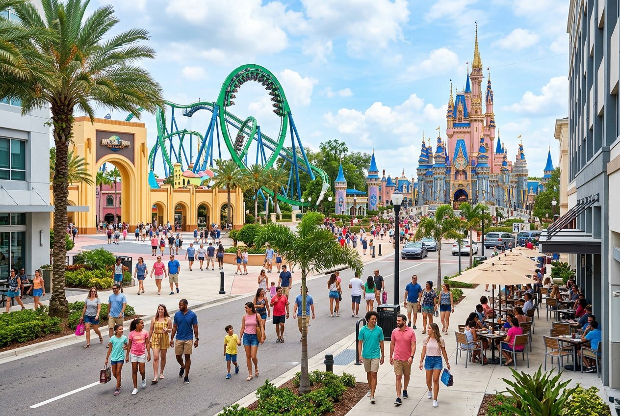 Families and tourists enjoying theme parks and a lively street in Orlando with castles, roller coasters, palm trees, and outdoor cafes on a sunny day.