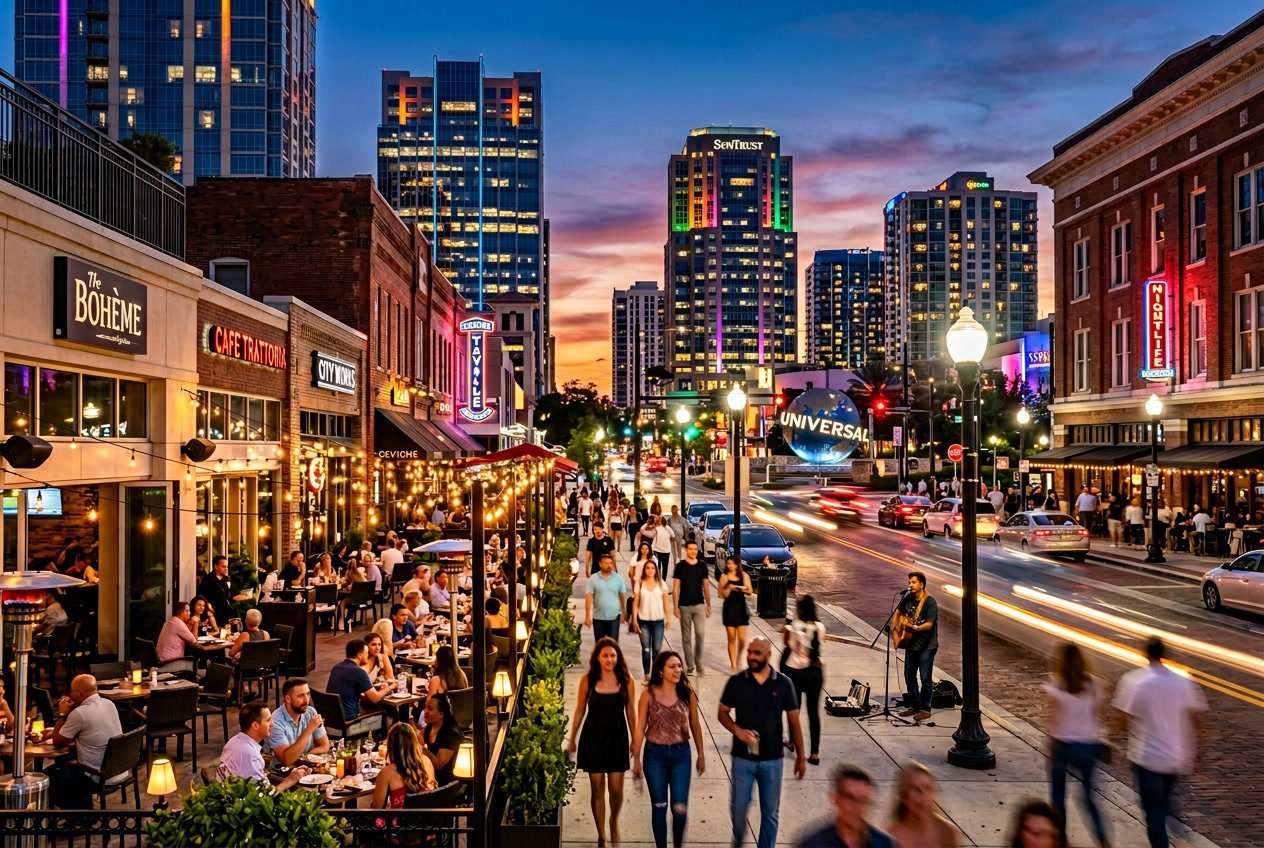 Downtown Orlando street at dusk with people dining outdoors, city buildings lit up, and the Universal Studios globe visible in the background.