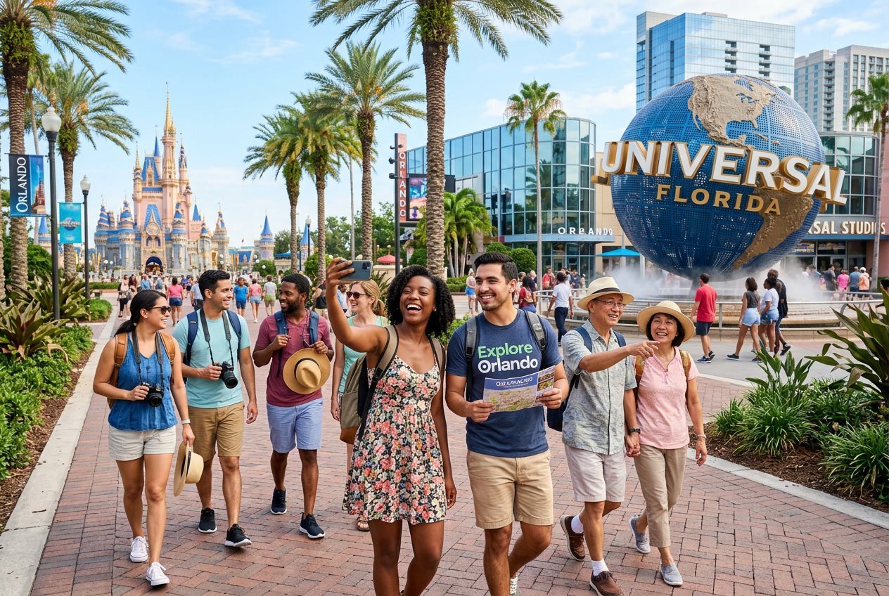 A group of travelers exploring Orlando with theme park landmarks and downtown buildings visible on a sunny day.