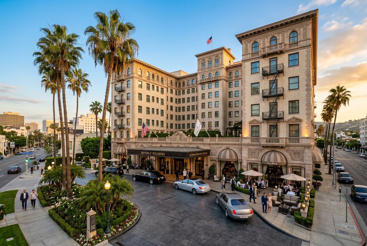 Exterior view of a luxurious hotel with palm trees and luxury cars in Los Angeles during sunset.
