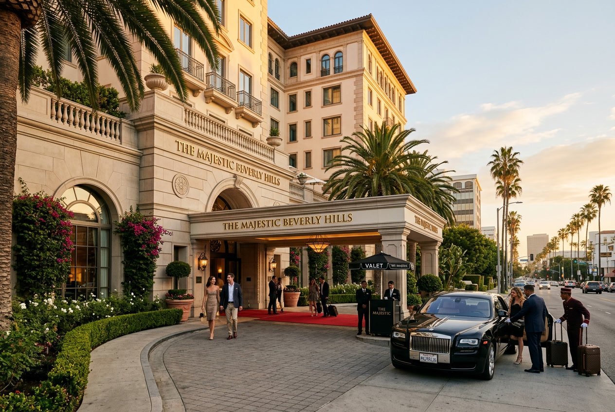 Exterior of a luxury hotel in Los Angeles with palm trees, a luxury car, and guests arriving at the entrance during sunset.