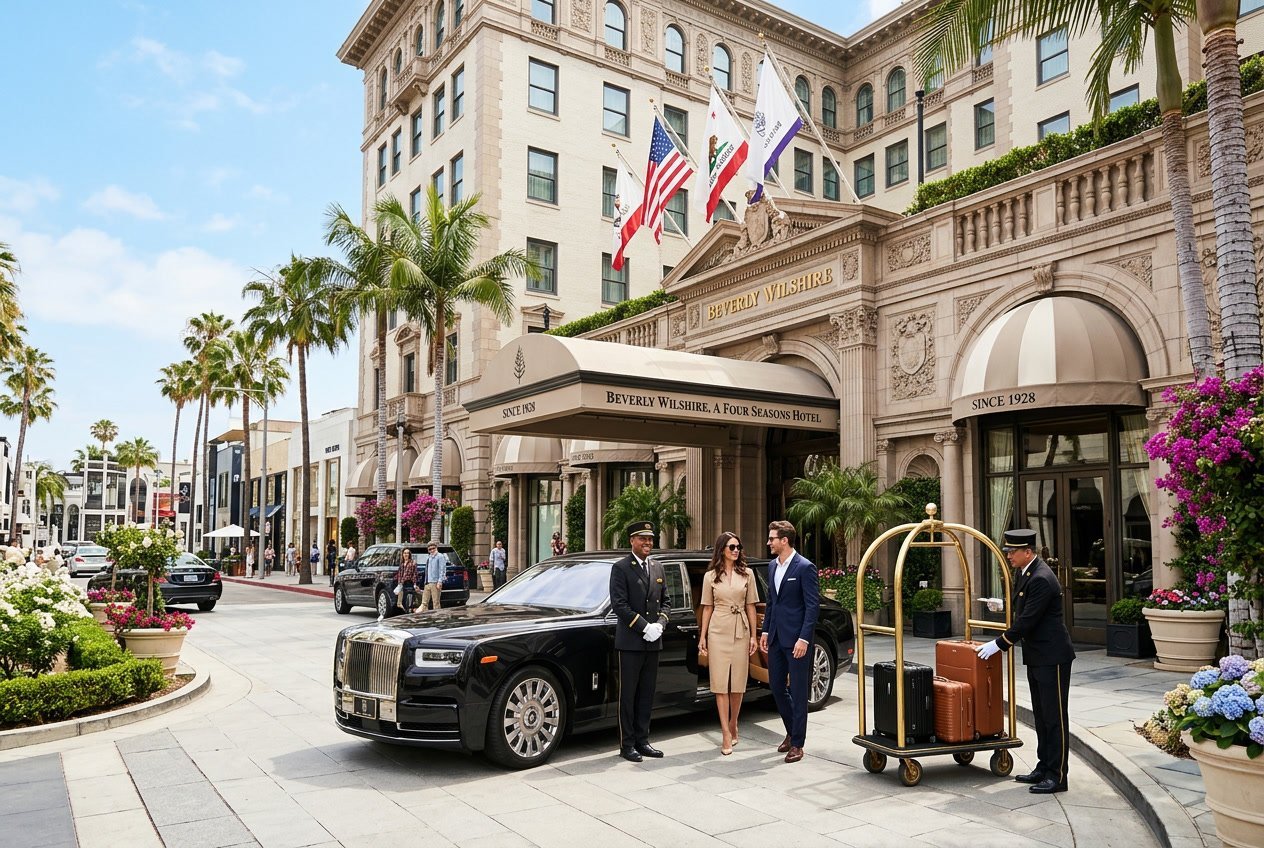 The exterior of a grand Beverly Hills hotel with palm trees, luxury cars, and hotel staff assisting guests near the entrance.