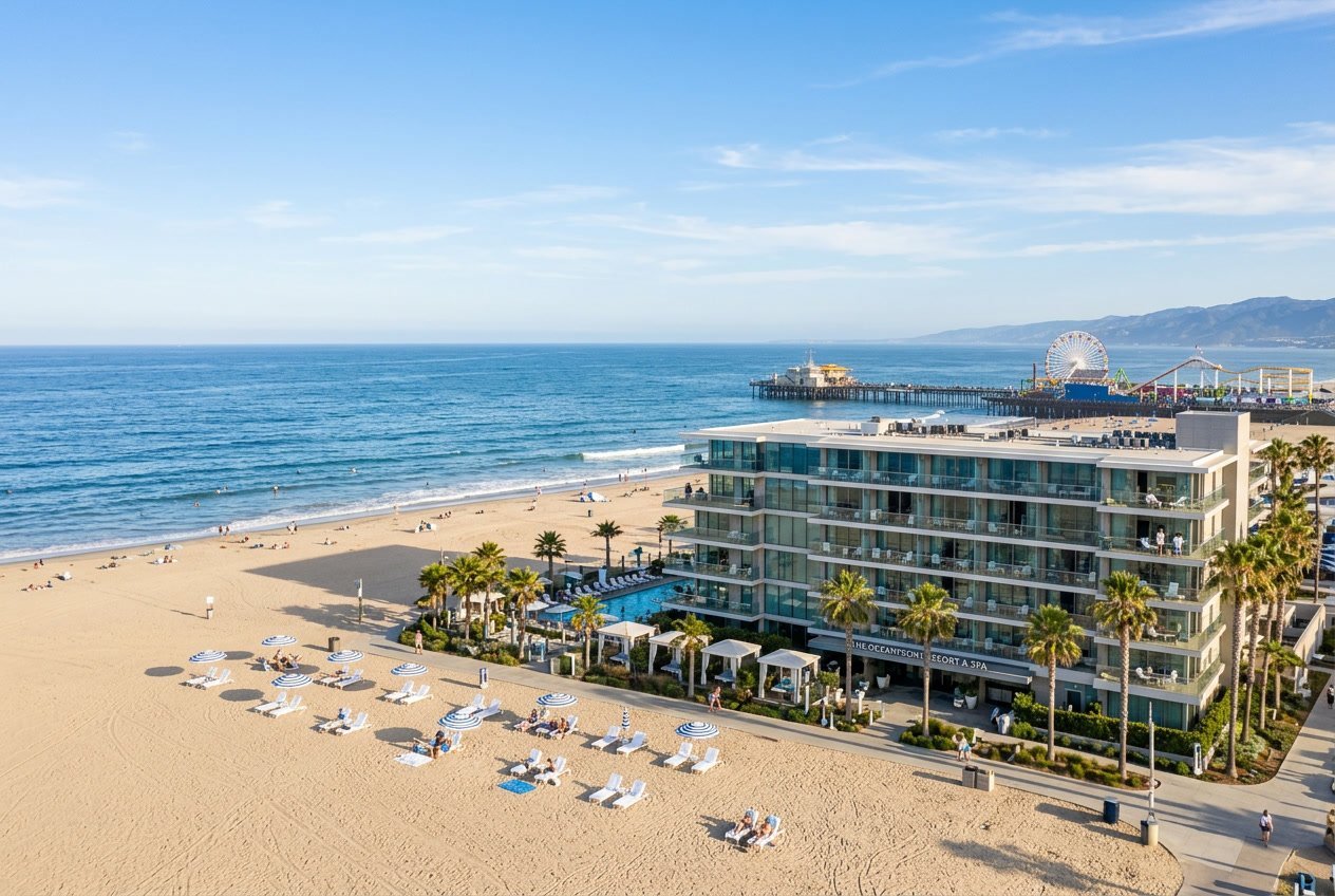 A luxurious beachfront hotel in Santa Monica overlooking a sandy beach with palm trees and the ocean under a clear blue sky.