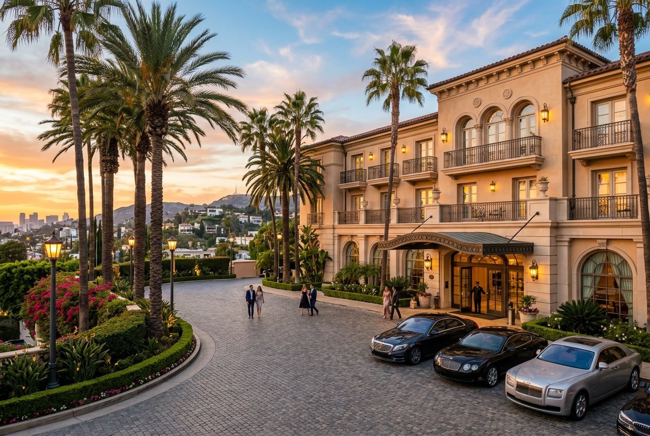 Exterior view of a luxurious hotel with palm trees and luxury cars in Los Angeles during sunset.