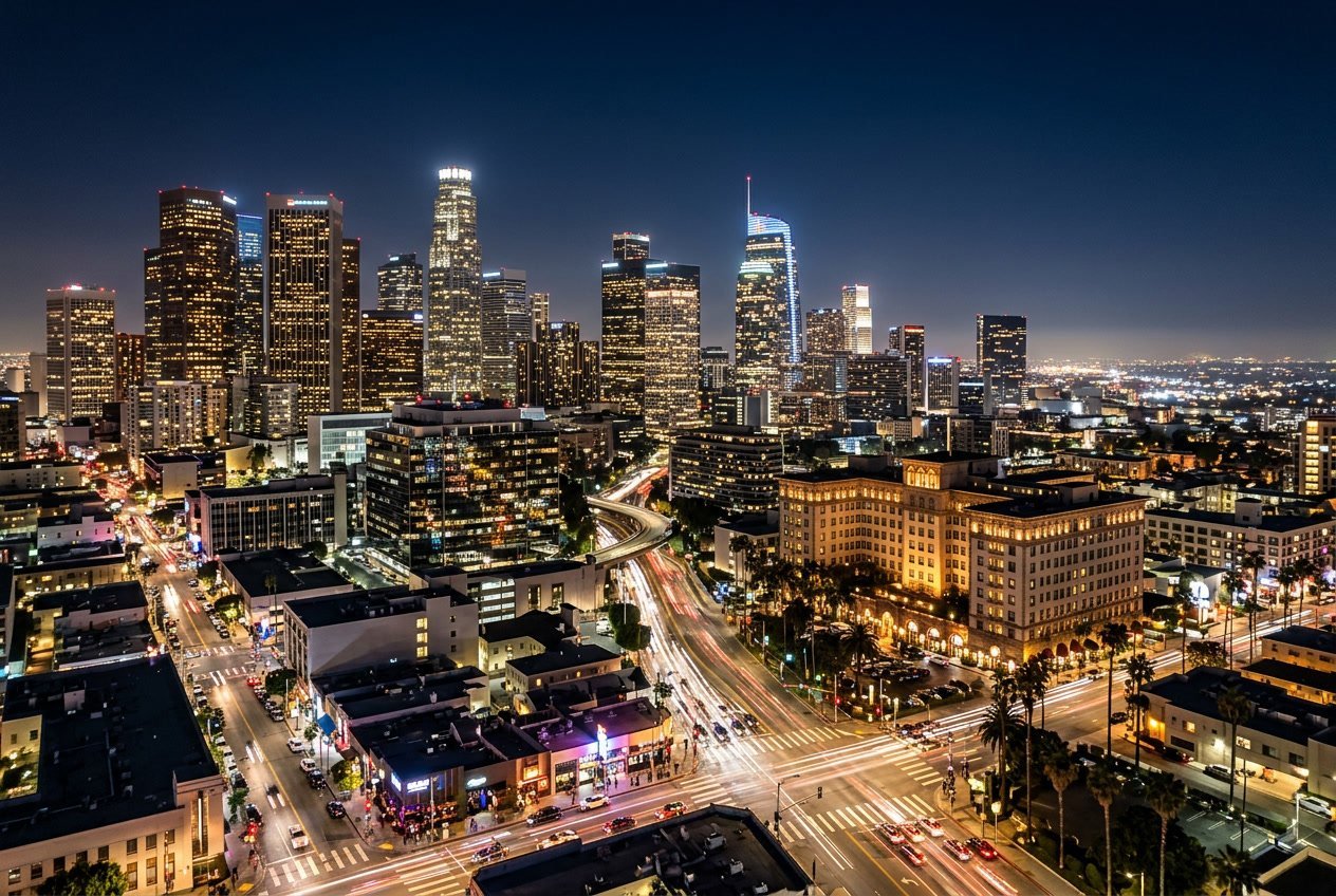 Nighttime view of downtown Los Angeles with illuminated skyscrapers and city lights, including the Beverly Wilshire Hotel.