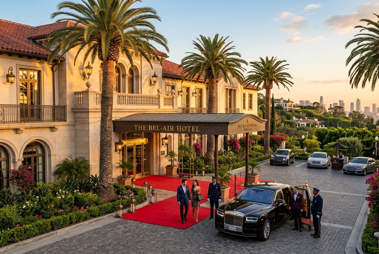 Entrance of a luxurious hotel in Los Angeles with palm trees, luxury cars, and guests arriving at sunset.