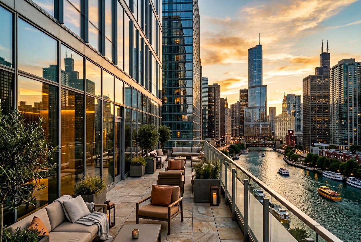A tall modern hotel building in downtown Chicago with a view of the city skyline and river at sunset.