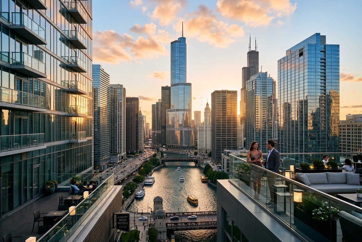 Downtown Chicago cityscape with high-rise hotels, river, and iconic buildings under a clear sky.