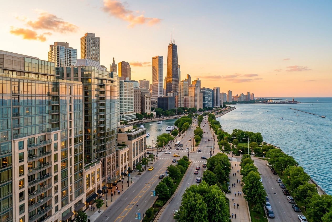 Panoramic view of downtown Chicago with tall buildings, hotels, city streets, and Lake Michigan in the background during sunset.