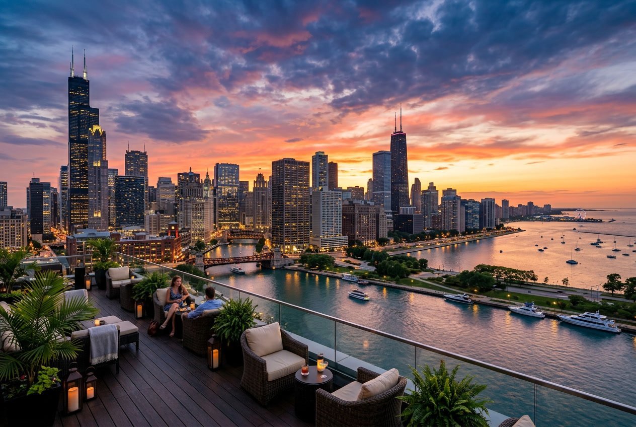Panoramic view of downtown Chicago skyline with skyscrapers reflecting on the Chicago River and Lake Michigan at sunset, seen from a hotel terrace.