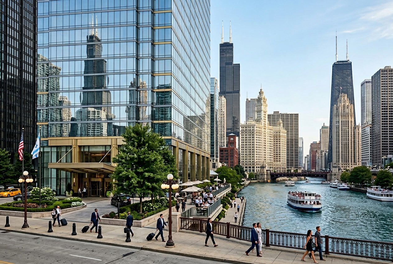 A modern high-rise hotel in downtown Chicago with large glass windows reflecting the city skyline and nearby waterfront.