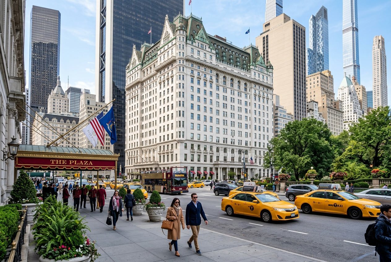 The exterior of The Plaza Hotel in New York City with a busy street, yellow taxis, pedestrians, and skyscrapers in the background.