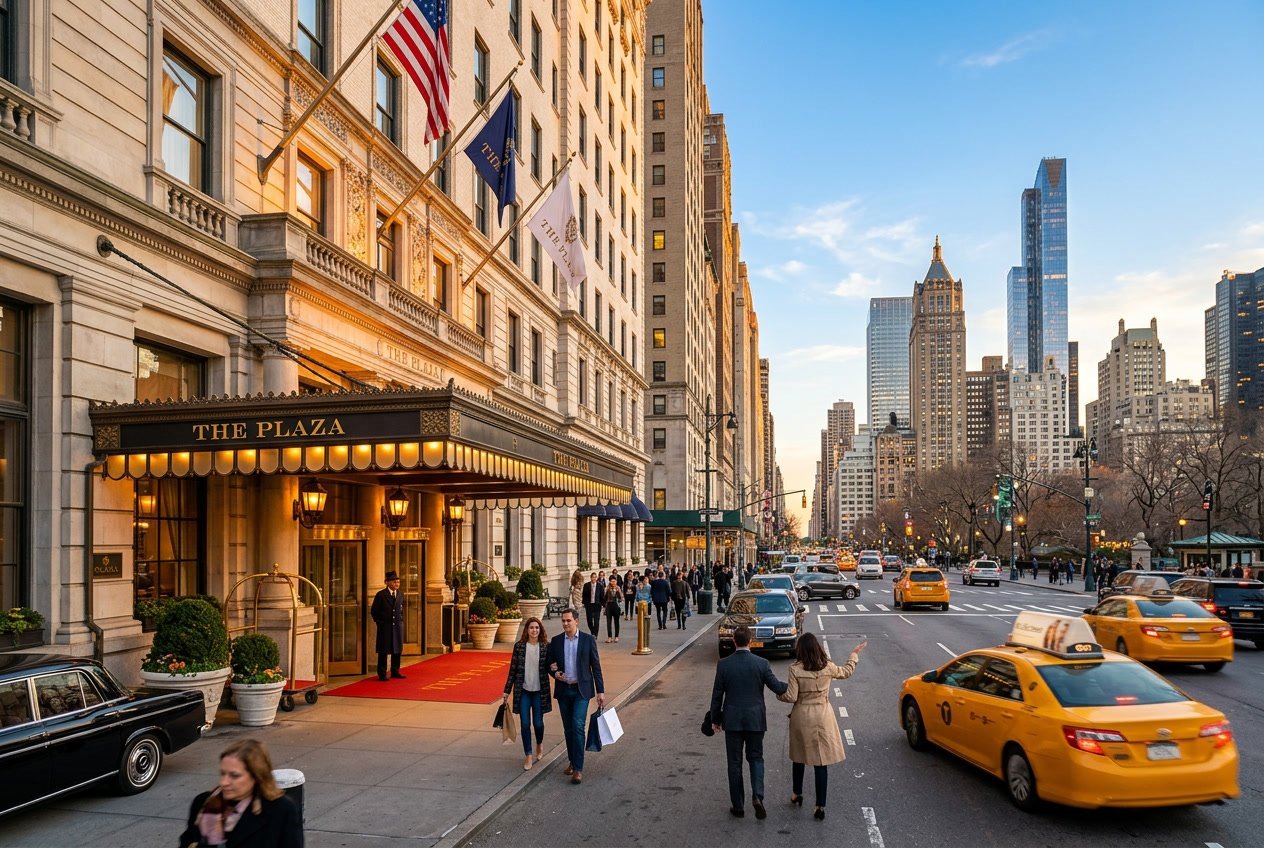 The exterior of a grand hotel entrance in New York City with taxis and pedestrians on a city street.