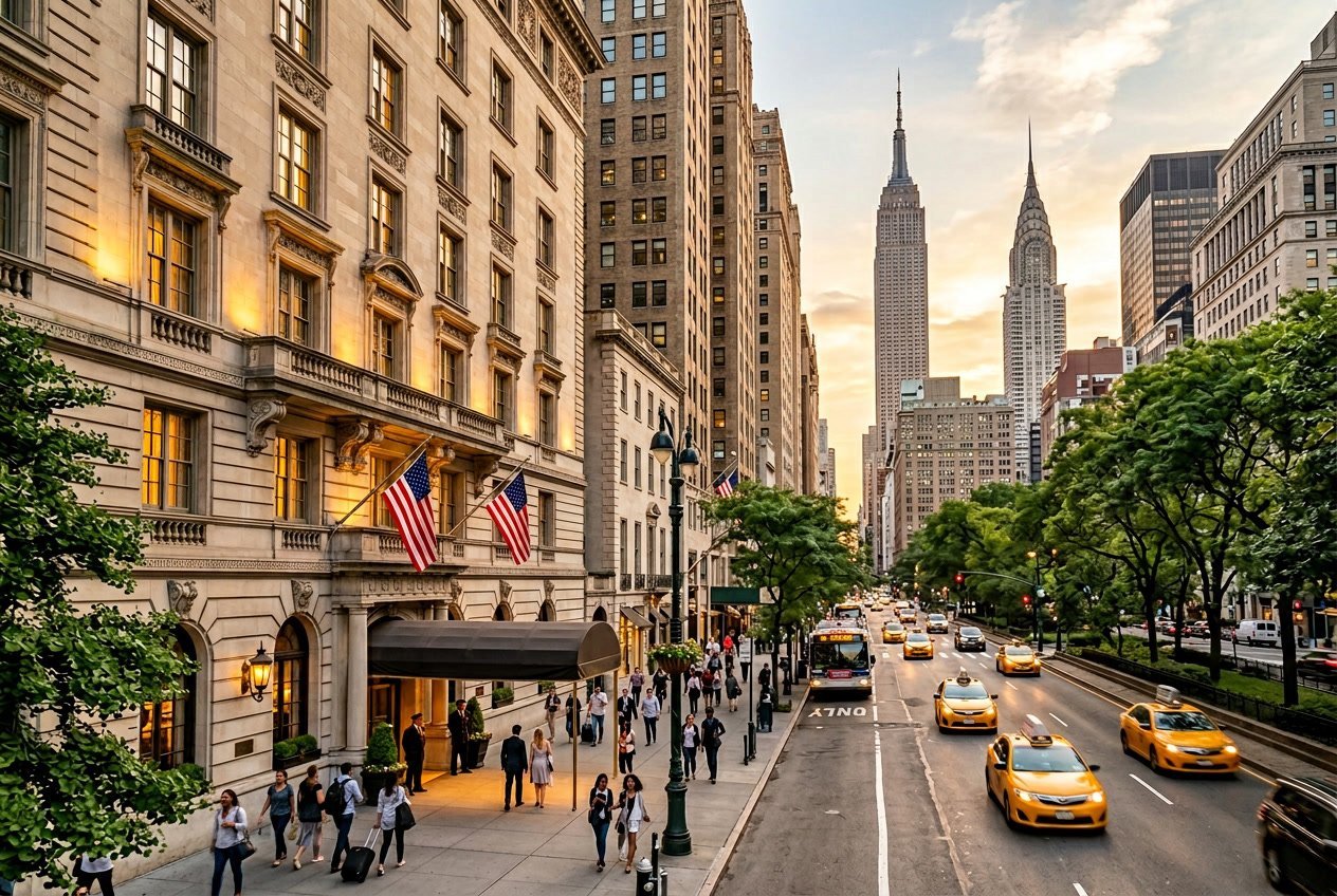 Exterior view of a grand hotel building in New York City with city streets, trees, and skyscrapers in the background during sunset.