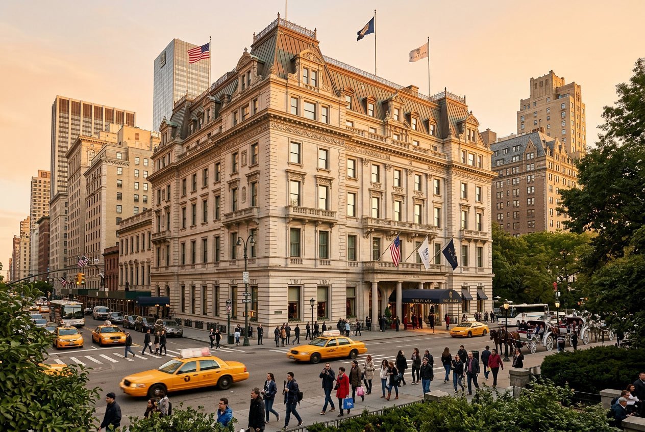 The exterior of the Plaza Hotel in New York City with people and taxis in front on a sunny day.