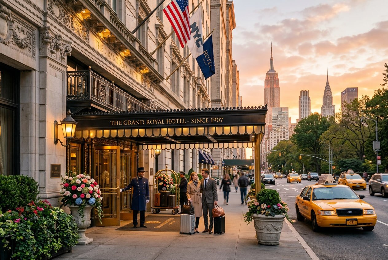 Entrance of a grand hotel in New York City with travelers arriving and the city skyline in the background during sunset.