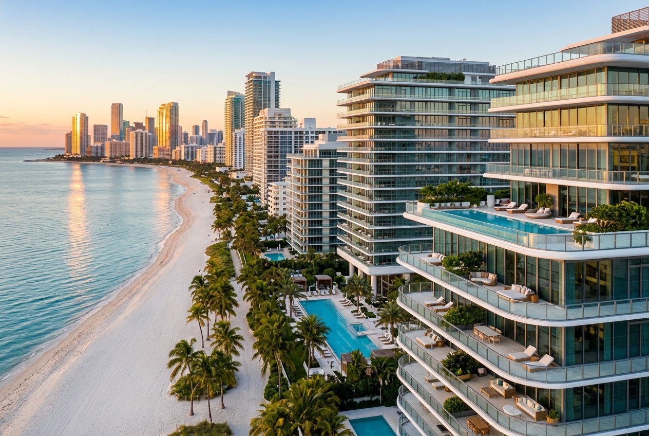 View of luxury Miami beach hotels and penthouses overlooking the ocean with palm trees and clear skies.