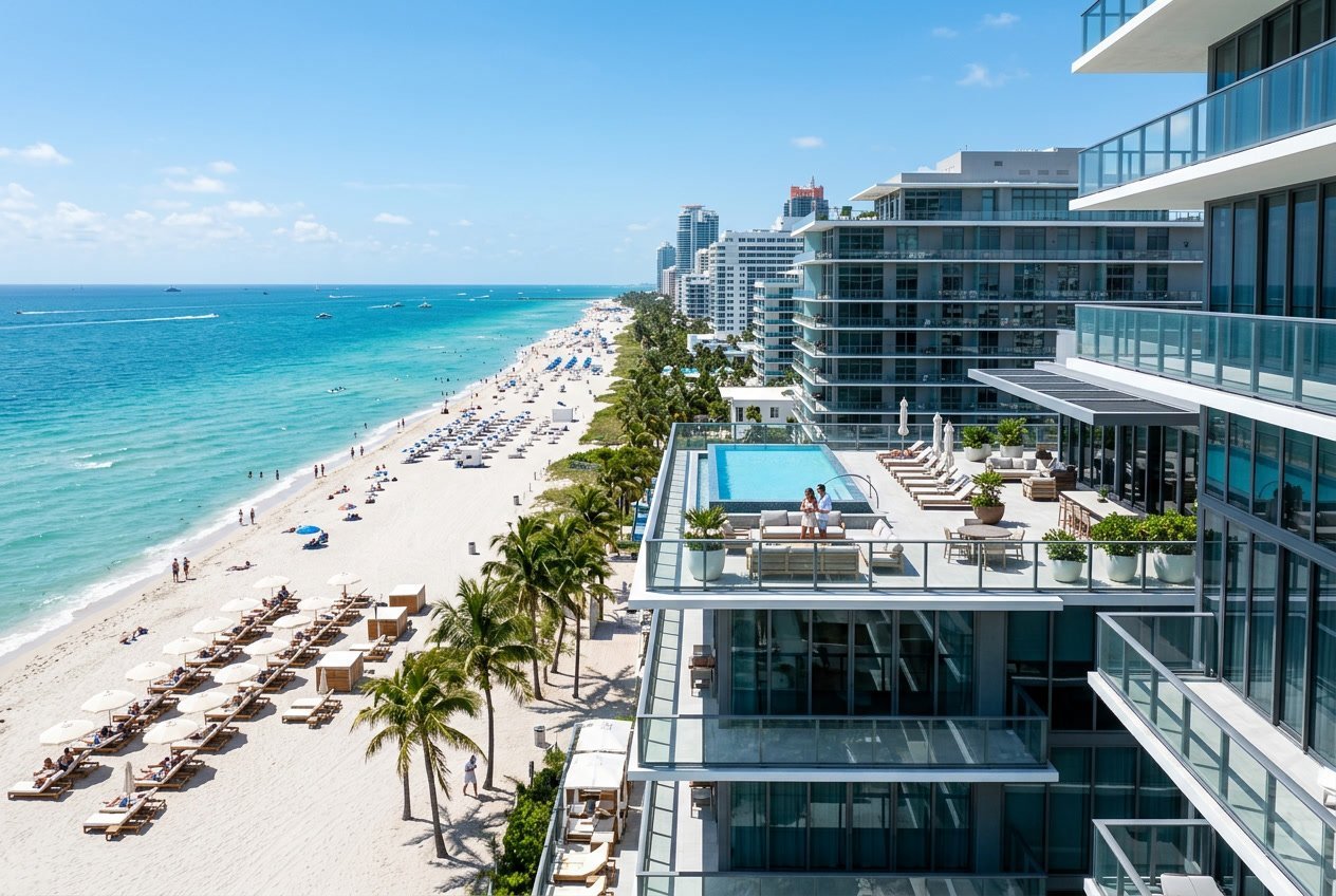 A beachfront view of modern luxury hotels and condos along a sandy beach with palm trees and clear blue sky.