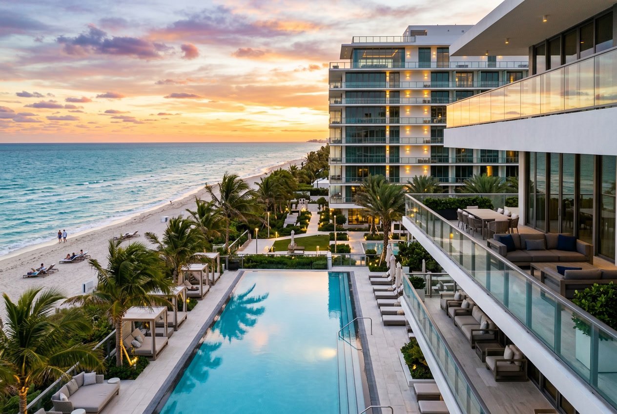 Beachfront luxury hotel with an infinity pool, palm trees, and ocean views at sunset.