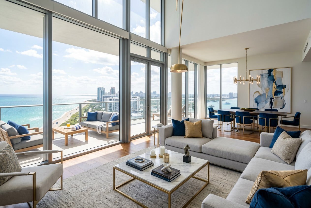 Interior of a luxurious Miami penthouse with large windows showing ocean and city views, featuring elegant furniture and a balcony with outdoor seating.