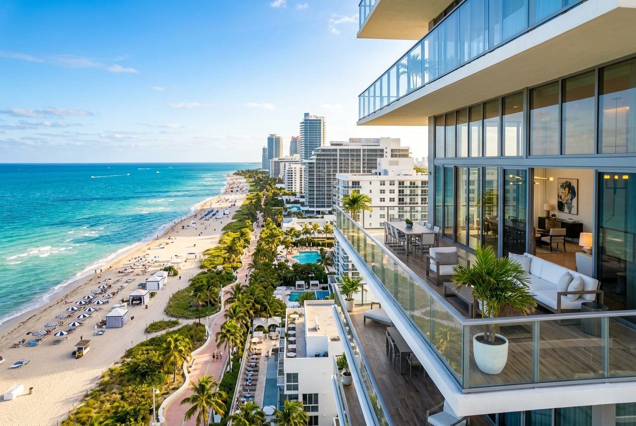 View of a luxury Miami beachfront with modern penthouses, condos, palm trees, and the ocean in the background.