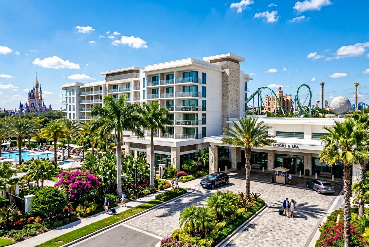 A modern hotel building surrounded by palm trees and landscaping with theme park structures visible in the background under a clear blue sky.