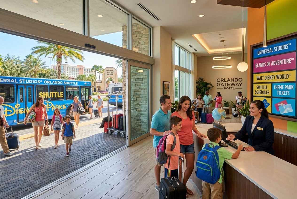 Hotel lobby and exterior with guests and shuttle buses near Universal Studios Orlando on a sunny day.