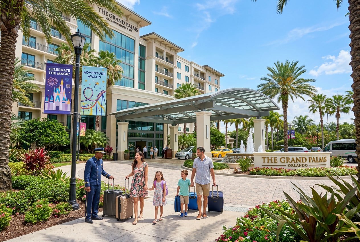 A modern hotel entrance in Orlando with palm trees and travelers arriving on a sunny day.
