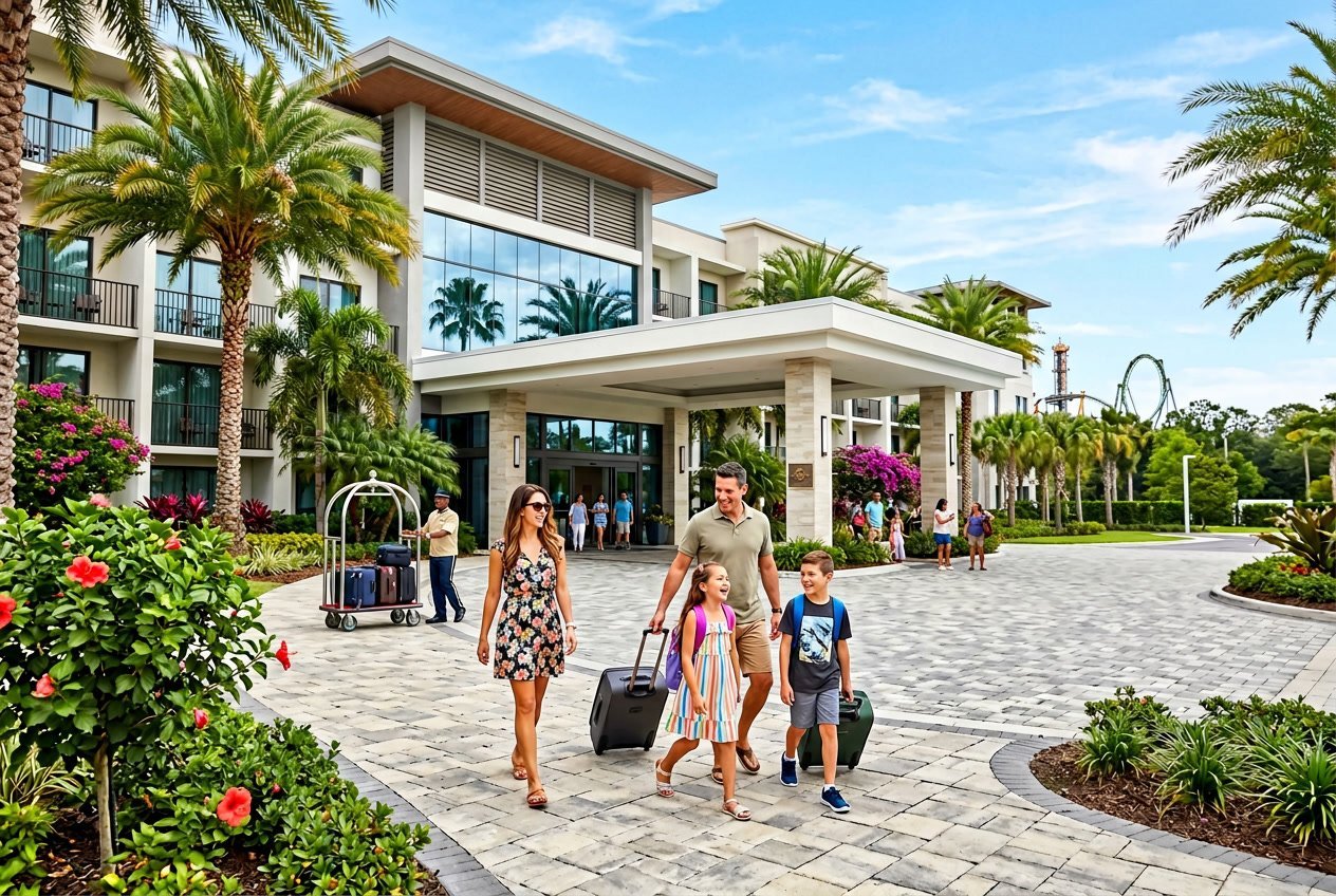 Exterior view of a modern hotel near Universal Studios Orlando with tourists entering, palm trees, and clear blue skies.