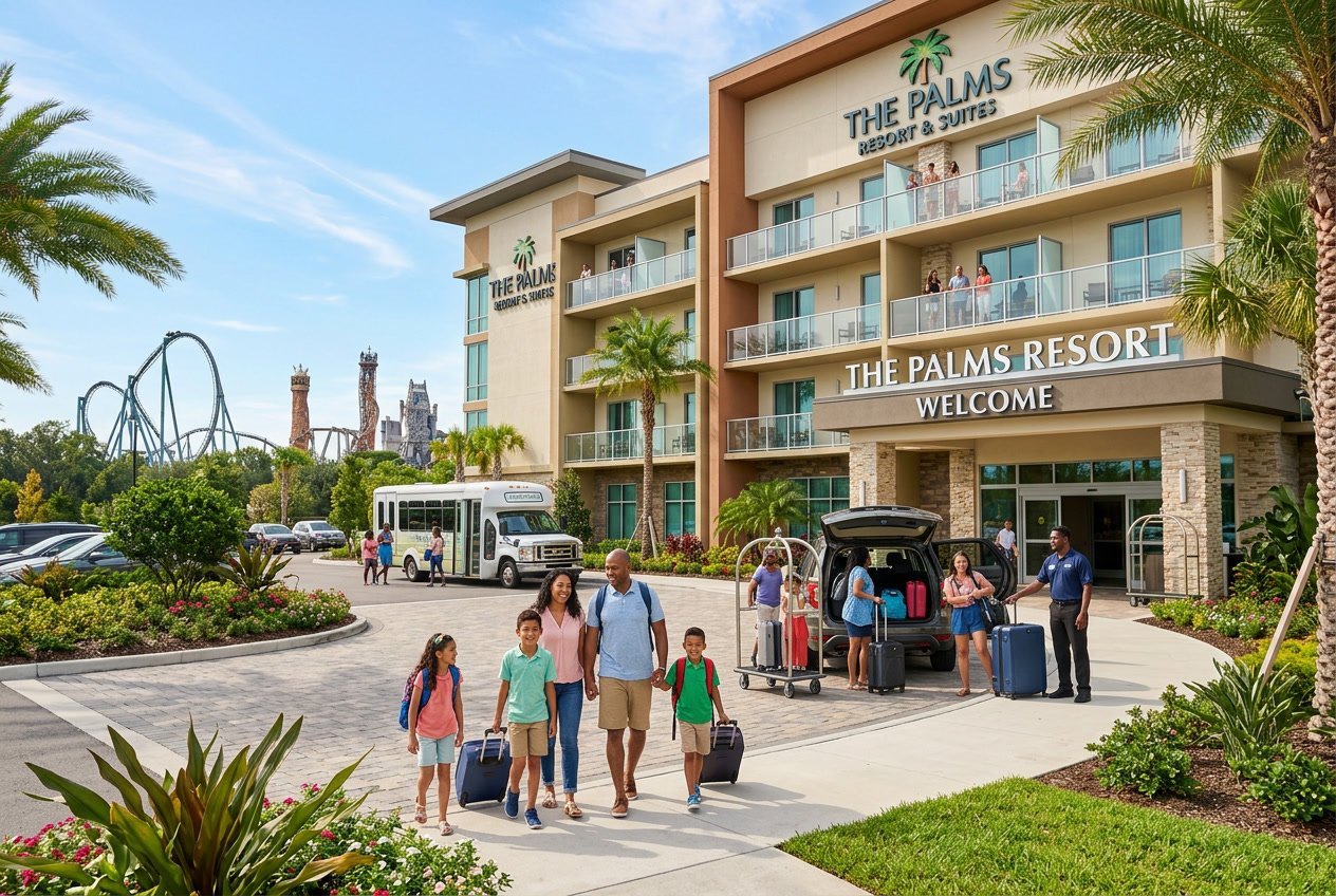 A modern hotel exterior with families arriving, green landscaping, and theme park structures visible in the distance under a sunny sky.