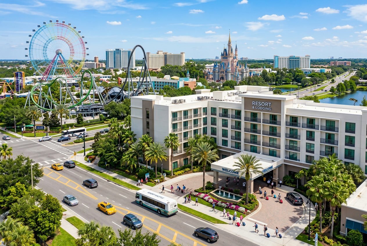 A modern hotel near theme parks with tourists, buses, palm trees, and amusement park rides visible in the background.