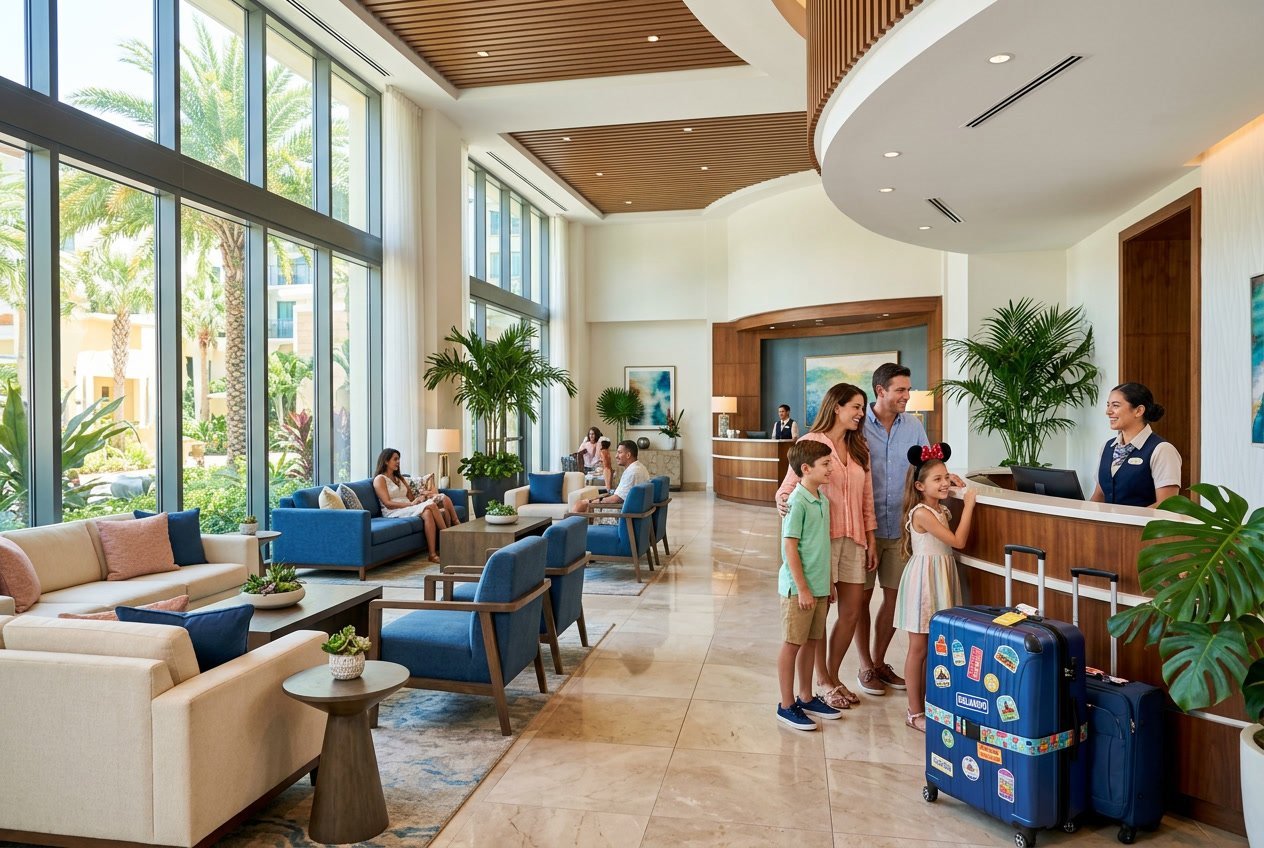 Hotel lobby in Orlando with modern decor, a family checking in, and natural sunlight coming through large windows.