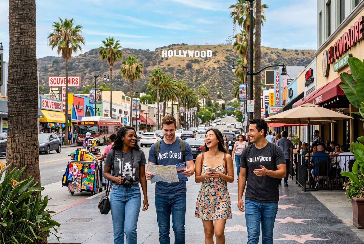 A group of friends walking near palm trees with the Hollywood Sign visible on a hill in the background on a sunny day in Los Angeles.