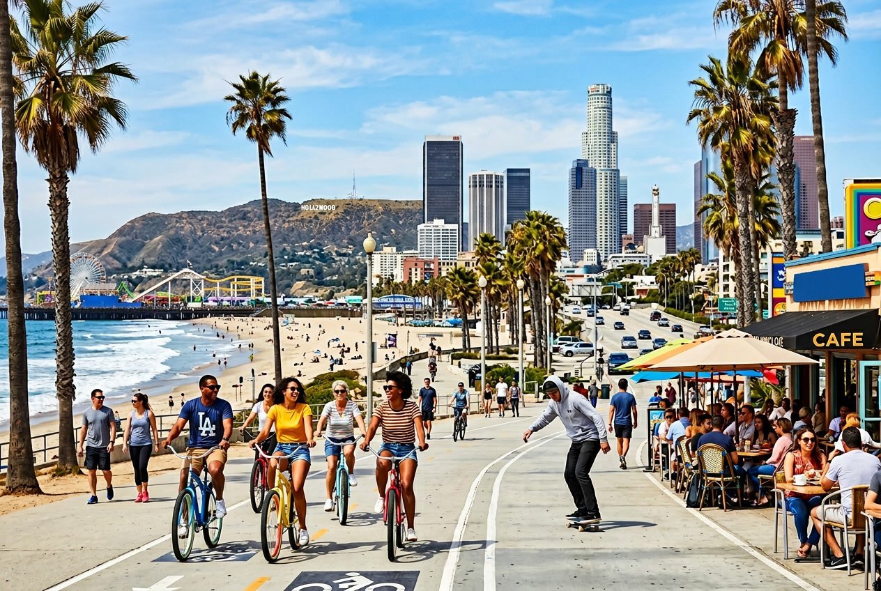 A sunny view of downtown Los Angeles skyline with people biking and skateboarding near palm trees and the Hollywood sign visible in the background.
