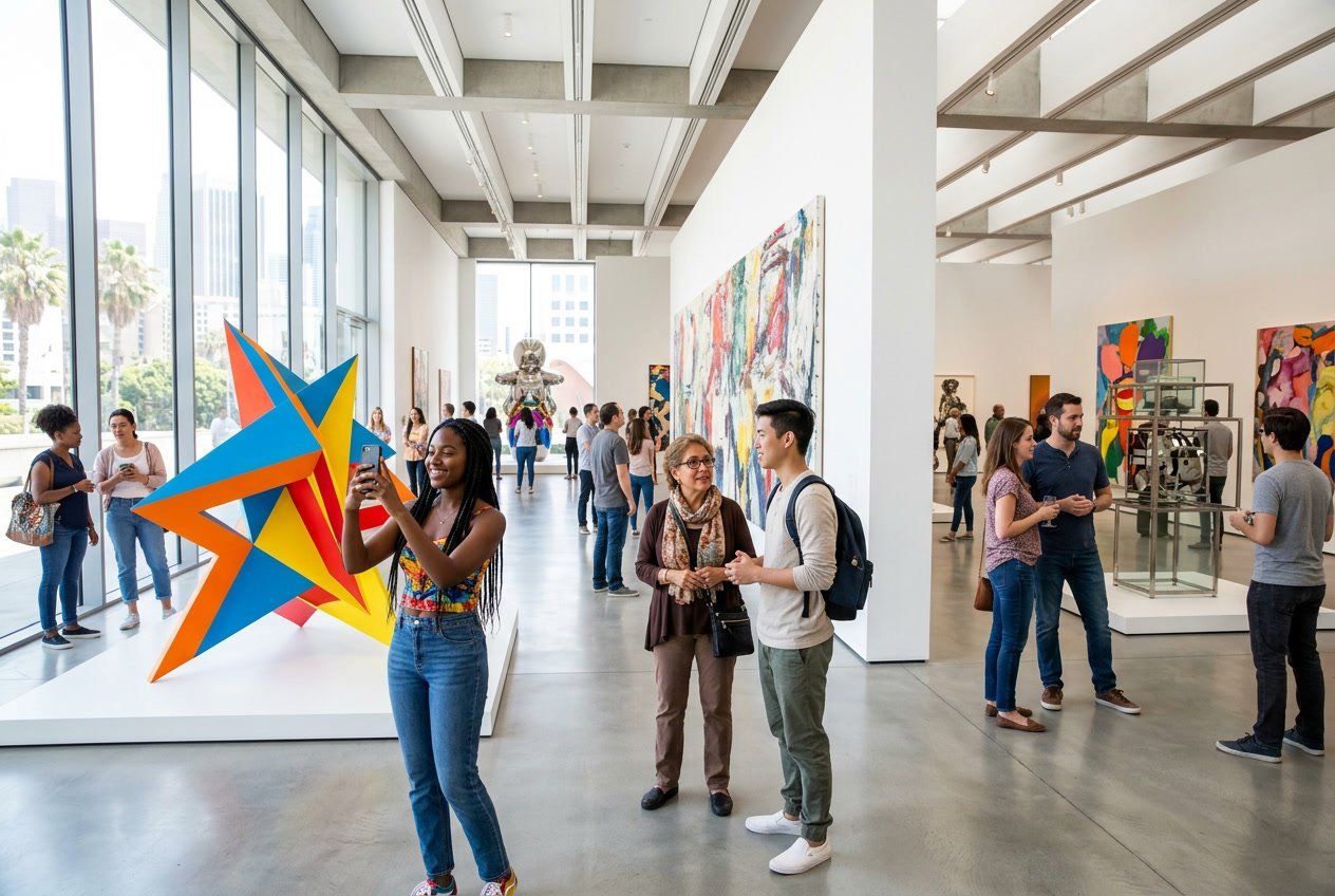 People exploring a modern art museum with colorful paintings and sculptures in a spacious, well-lit gallery.