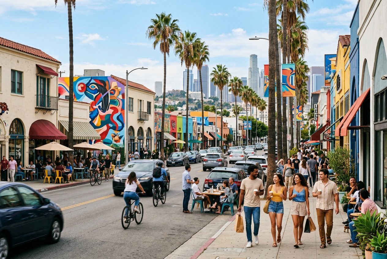 People walking and enjoying a sunny street in a lively Los Angeles neighborhood with palm trees, shops, and murals.