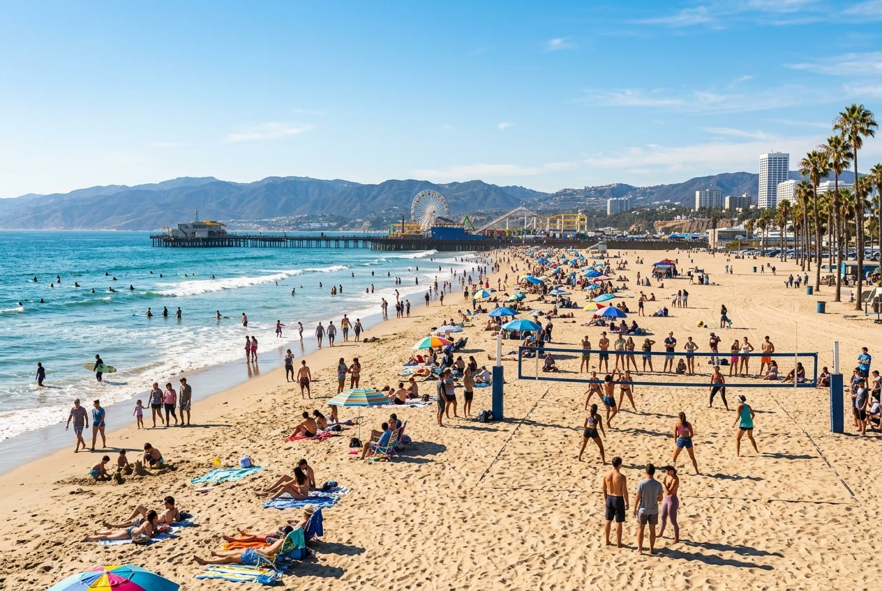 A sunny Los Angeles beach with people enjoying outdoor activities, palm trees, and a city skyline in the background.