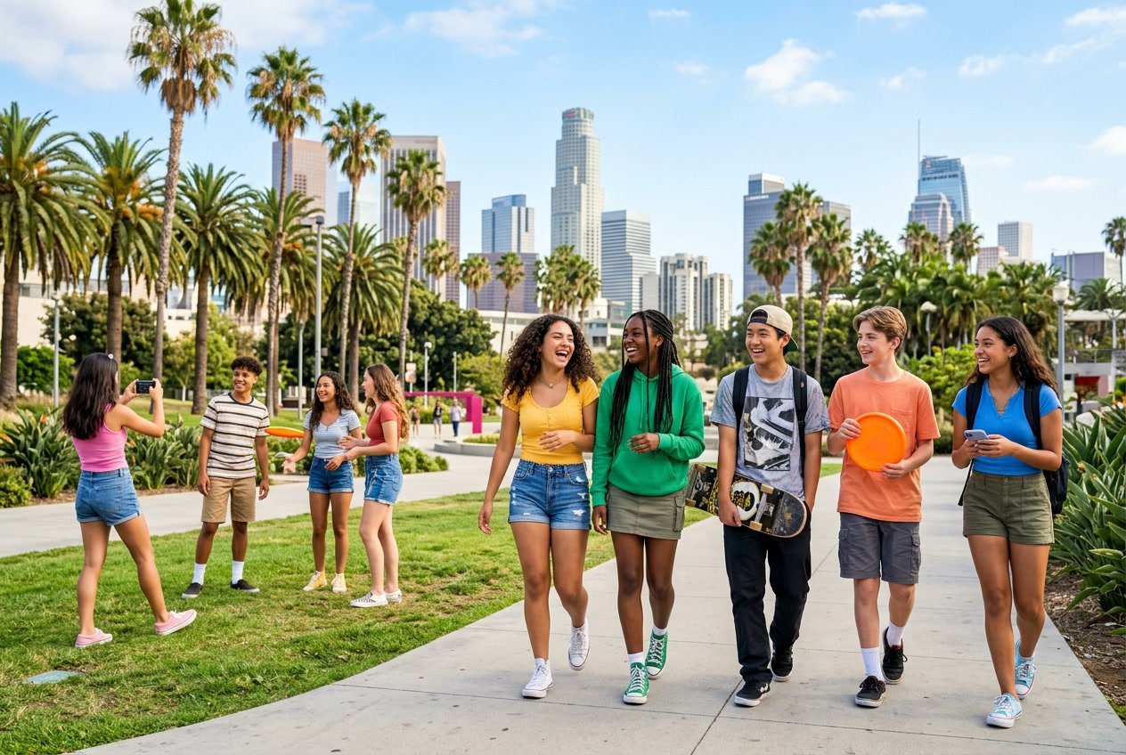 A group of diverse teenagers enjoying outdoor activities together in a sunny park with palm trees and city buildings in the background.