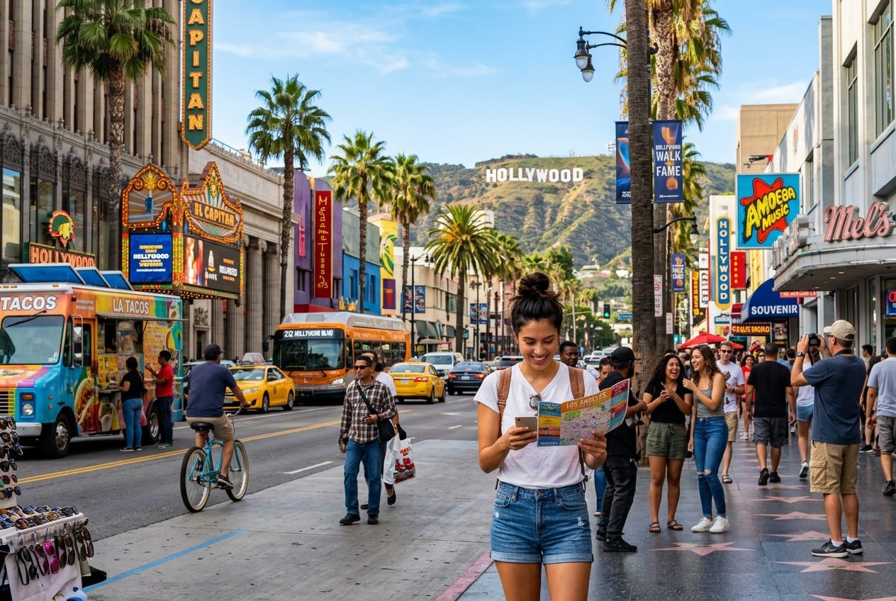 A person in a white tee looks at a map on a sunny Los Angeles street with palm trees and the Hollywood Sign in the background.