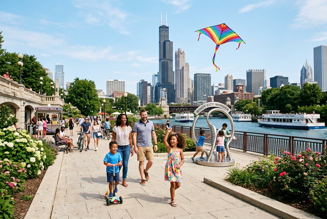 A family with children enjoying outdoor activities near Chicago landmarks on a sunny day.