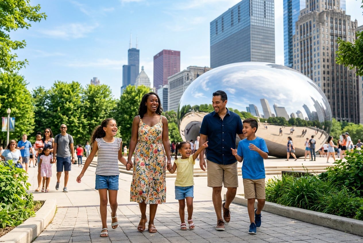 A family with children enjoying a sunny day exploring an outdoor Chicago landmark with other visitors around.