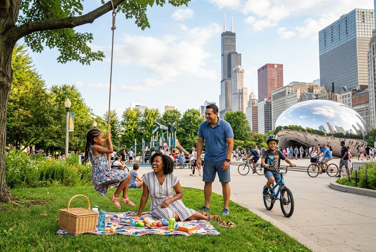 A family with children enjoying outdoor activities in a park with Chicago city buildings visible in the background.
