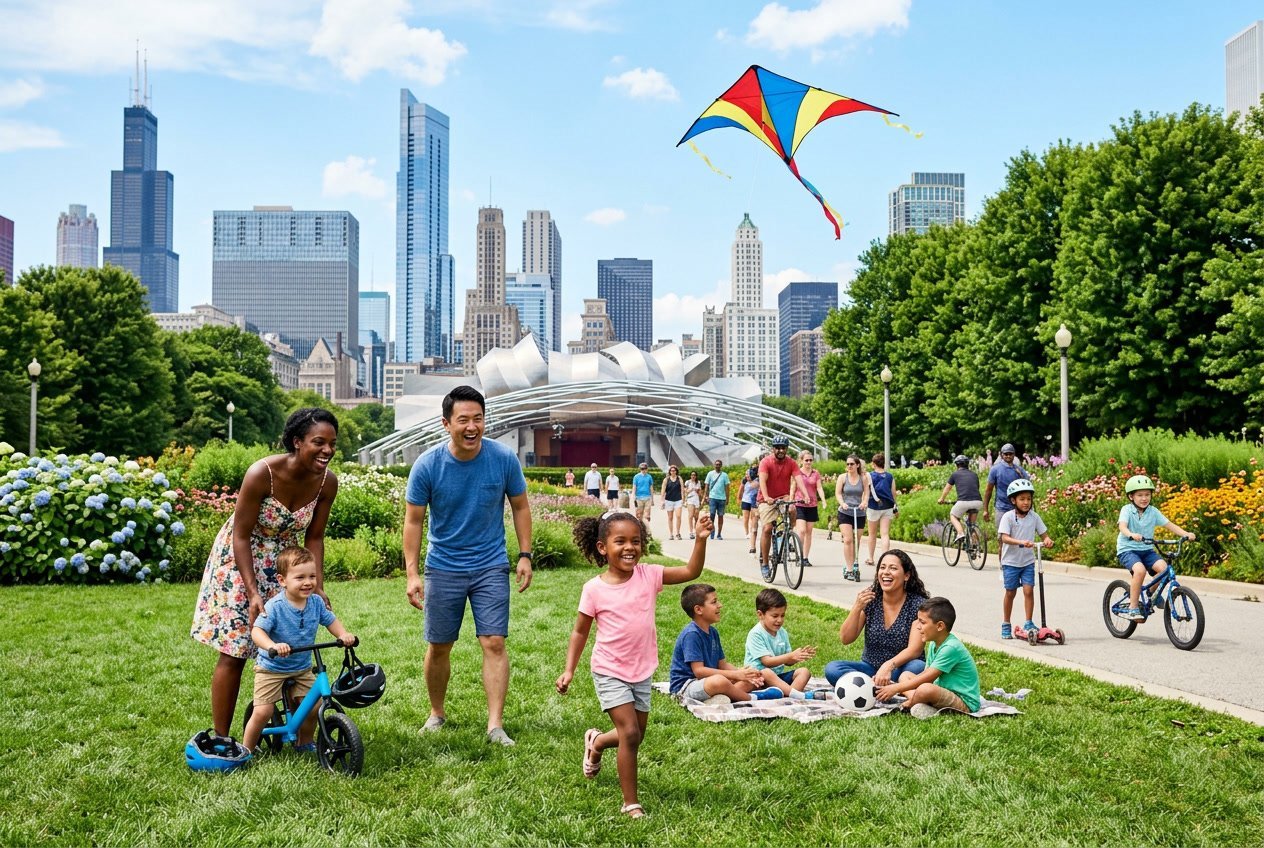A family with children enjoying outdoor activities in a Chicago park with the city skyline in the background on a sunny day.