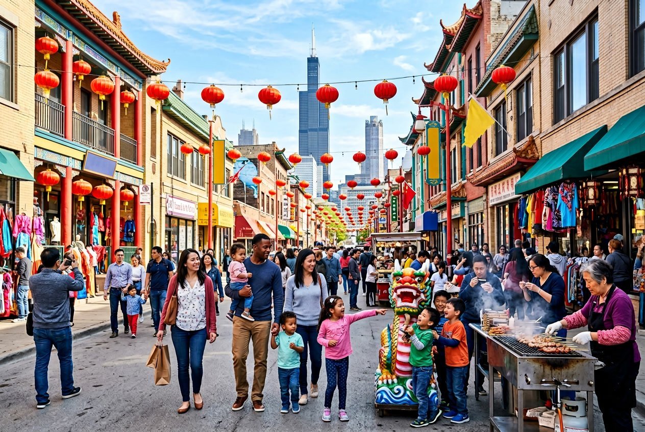 A busy street in Chicago's Chinatown with families and children enjoying cultural activities and colorful decorations.